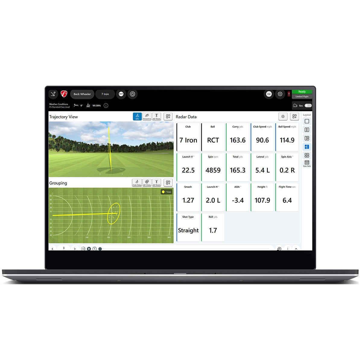 FlightScope Mevo Gen 2 launch monitor connected to PC software displaying detailed shot data