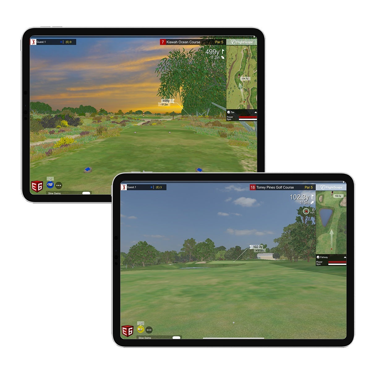 FlightScope Mevo Gen 2 connected to E6 software showing Torrey Pines golf course simulation
