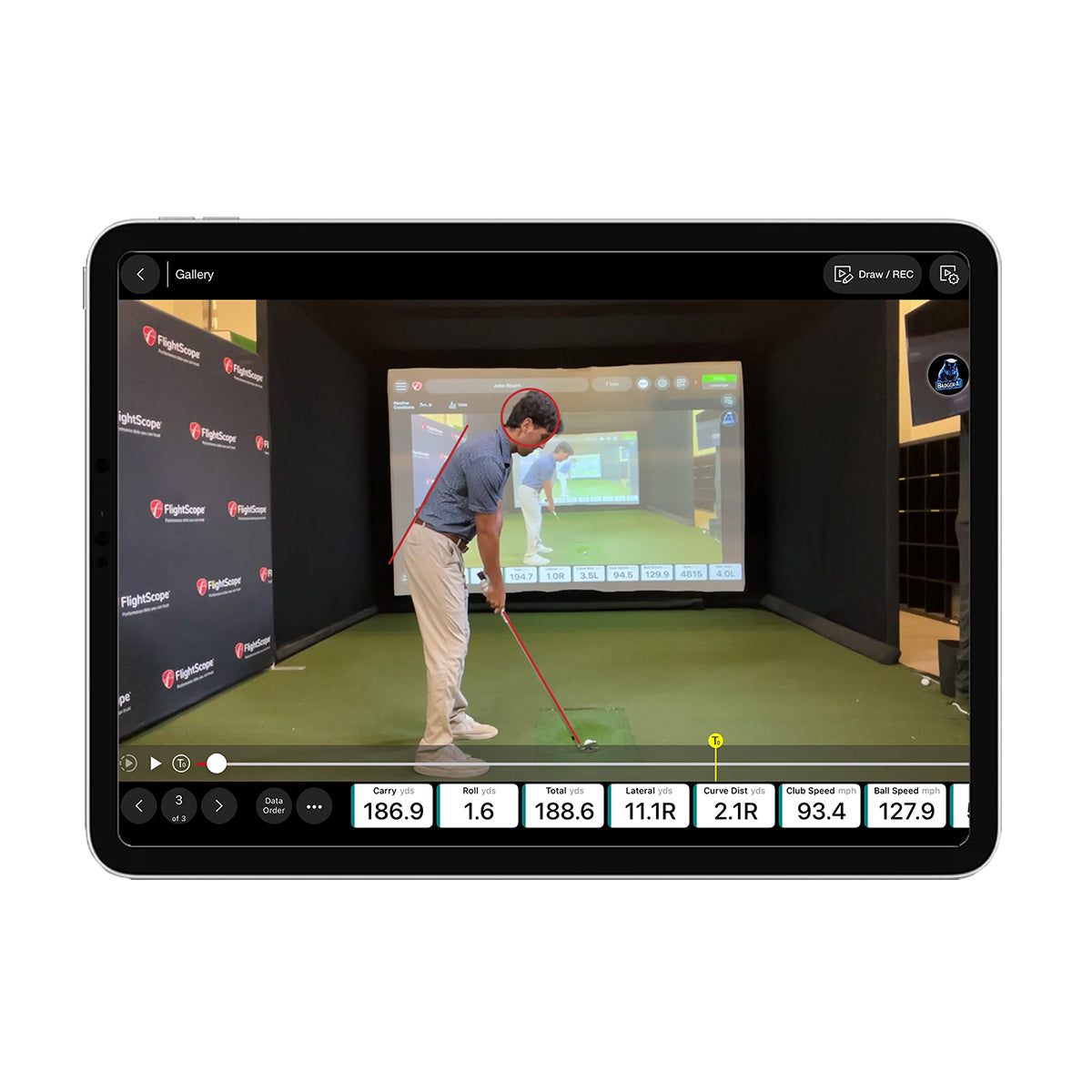 FlightScope Mevo Gen 2 launch monitor video overlay displaying shot data and swing analysis