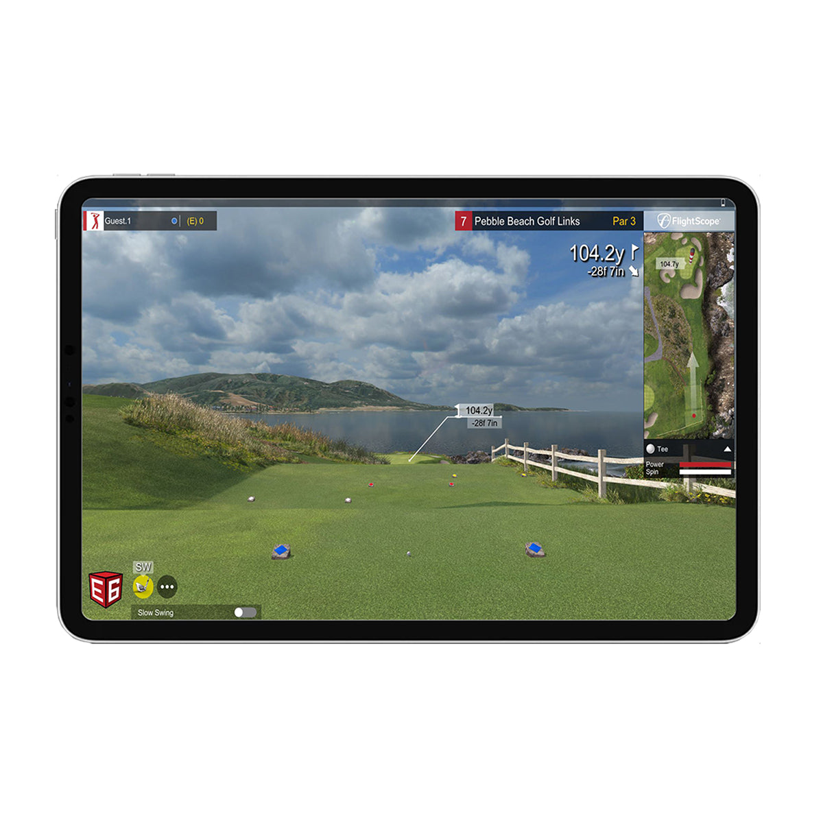 FlightScope Mevo+ launch monitor connected to E6 software showing realistic golf simulator gameplay