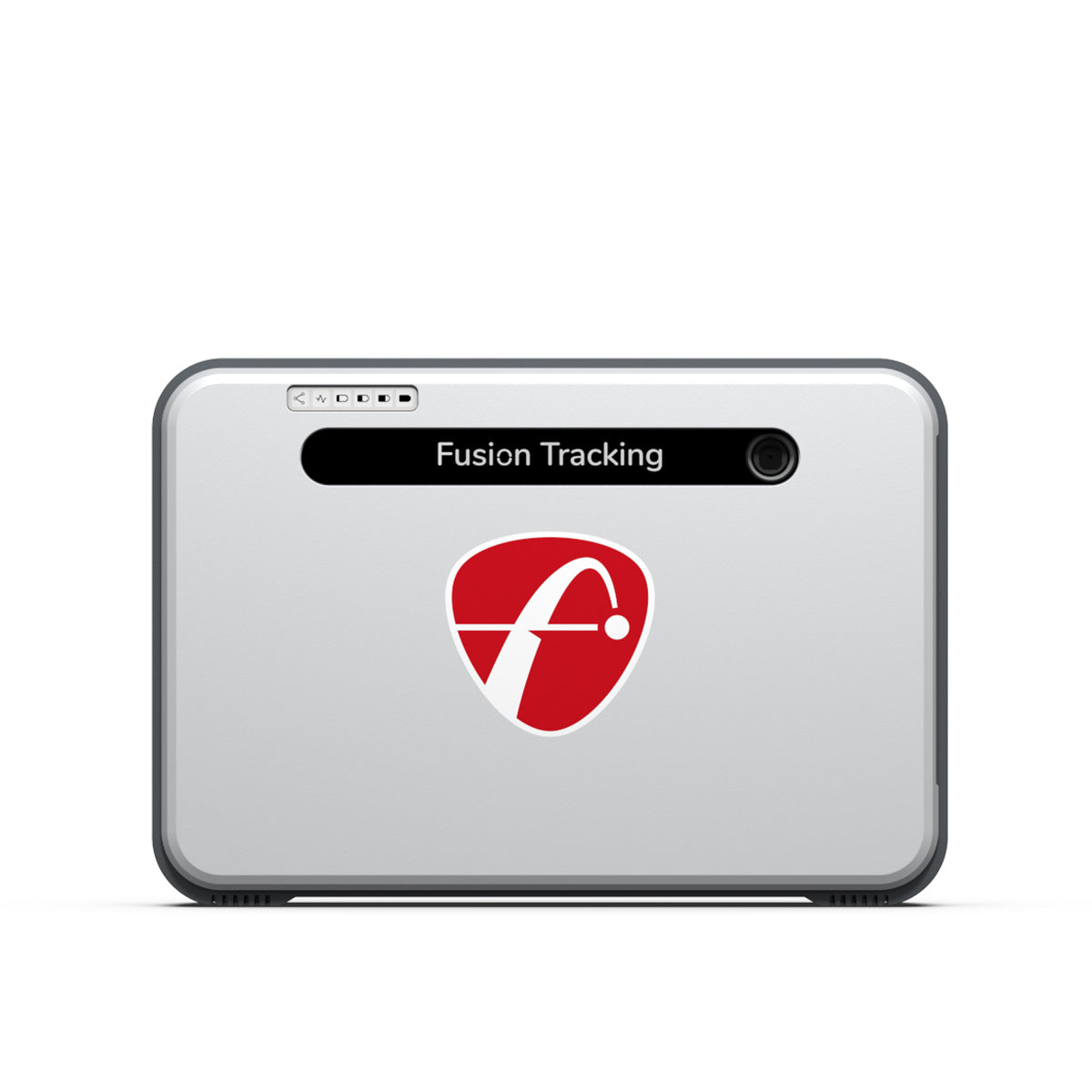 FlightScope Mevo+ gray launch monitor front view showing compact design and sensor layout