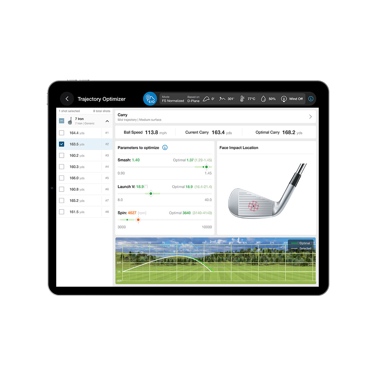 Foresight Sports X3 launch monitor with trajectory optimizer displaying real-time ball flight data